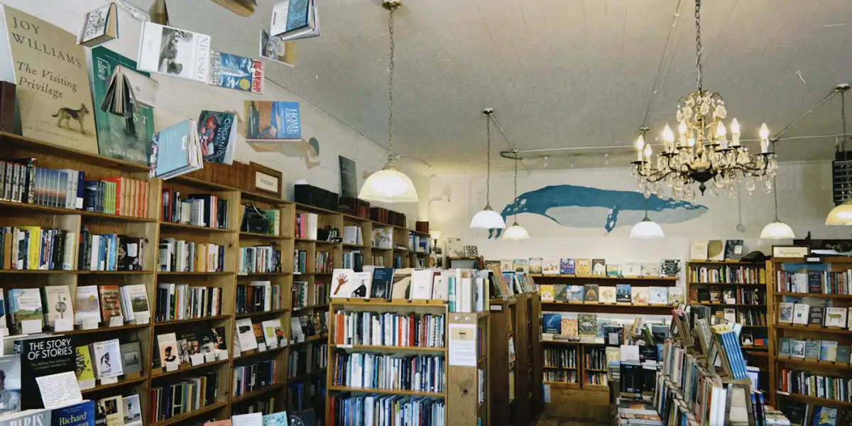 Librería de barrio con estanterías llenas de libros